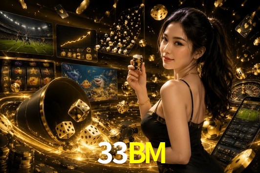 Una escena digital vívida inspirada en casino con 33BM mostrado prominentemente, luces brillantes, fichas, cartas y acentos dorados.